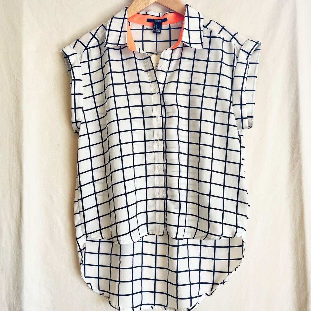 Checkered Collar Button Down Cap Sleeve Blouse